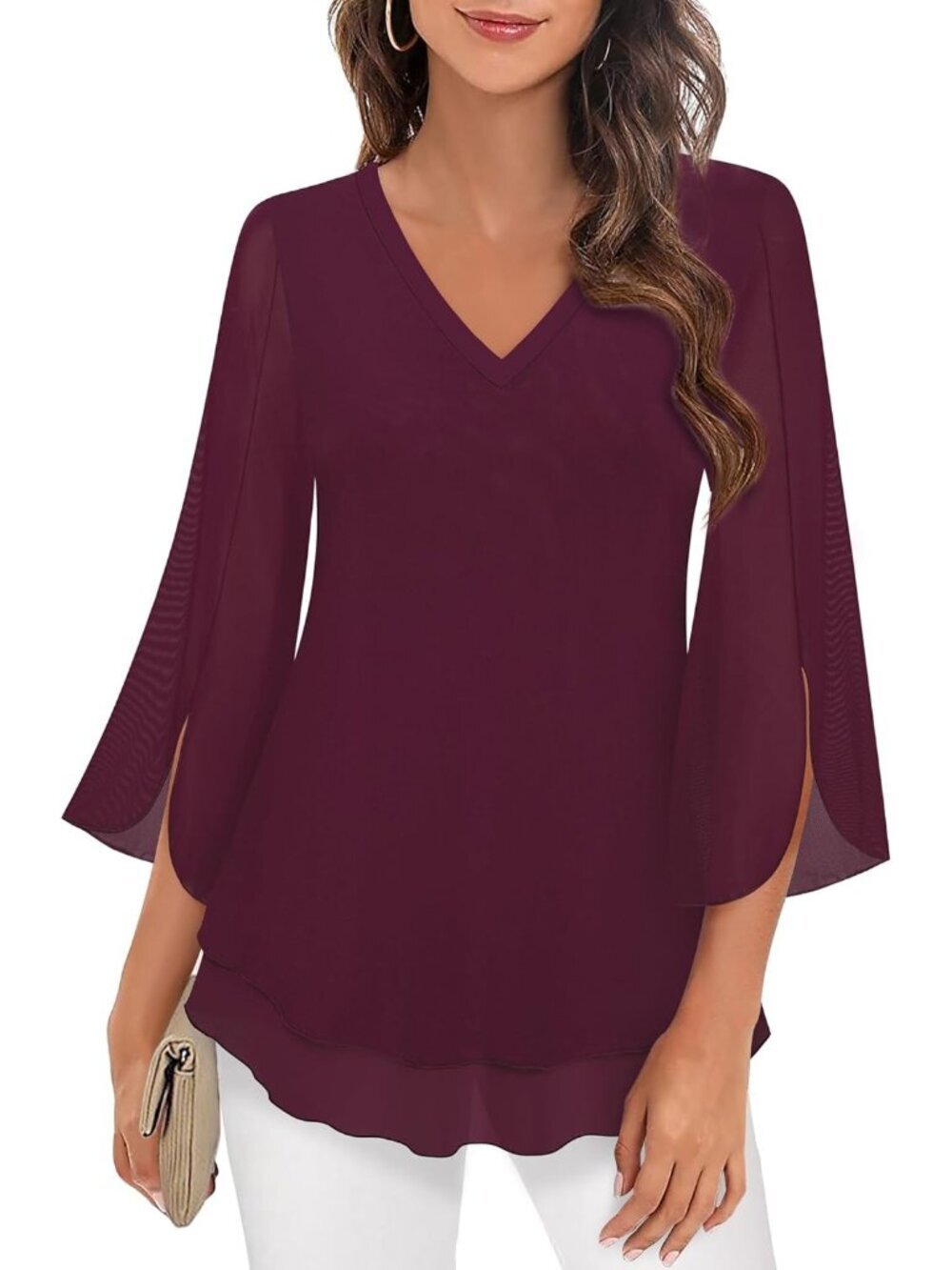 Women's Tops Dark Red 3/4 Sleeves Floral Shirts Double Layers V Neck Blouses